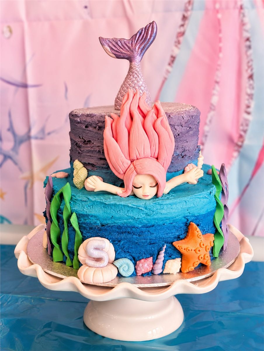 Mermaid birthday cake with coral, shells, seaweed, and an under-the-sea design.