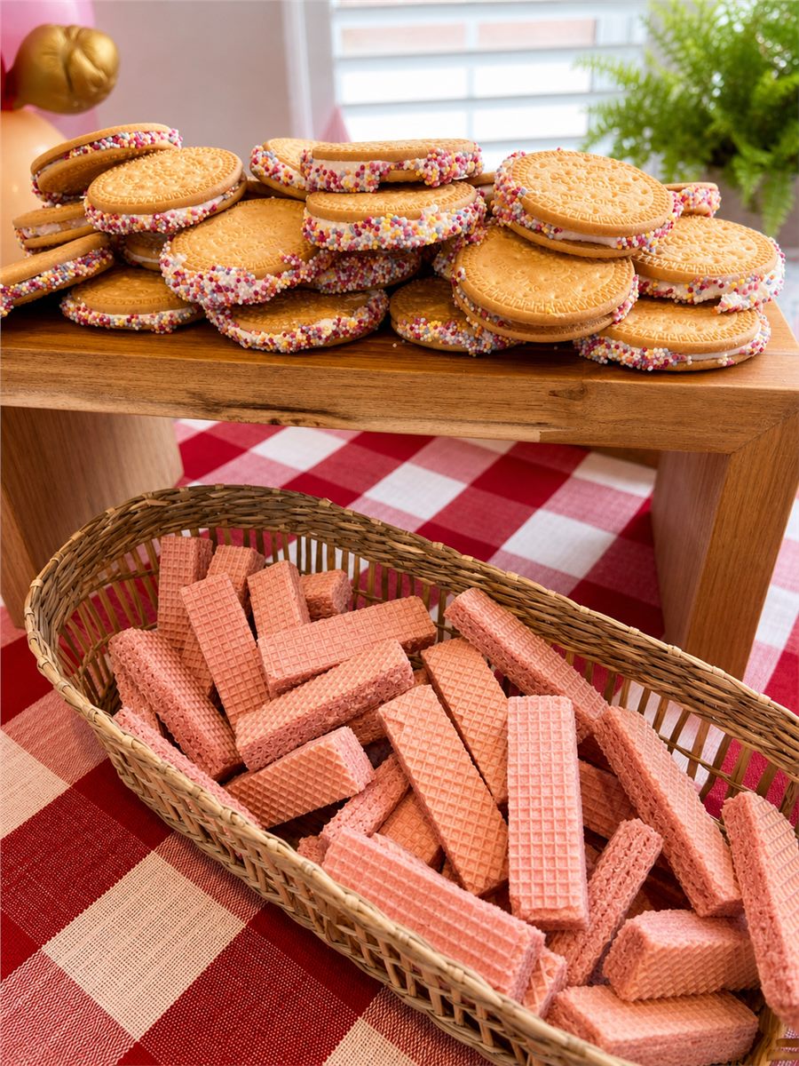 Party biscuits and wafer treats arranged in a basket.