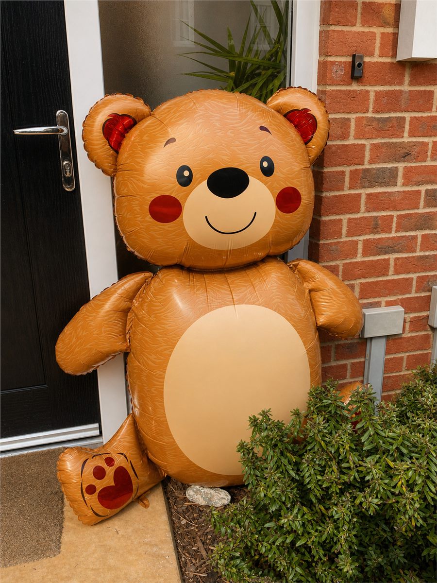 Teddy bear themed balloon decoration around a doorway.