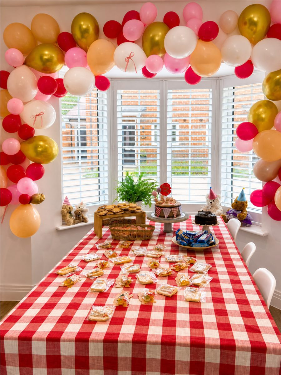 Teddy bear picnic party table with a red checked cloth and balloon arch.