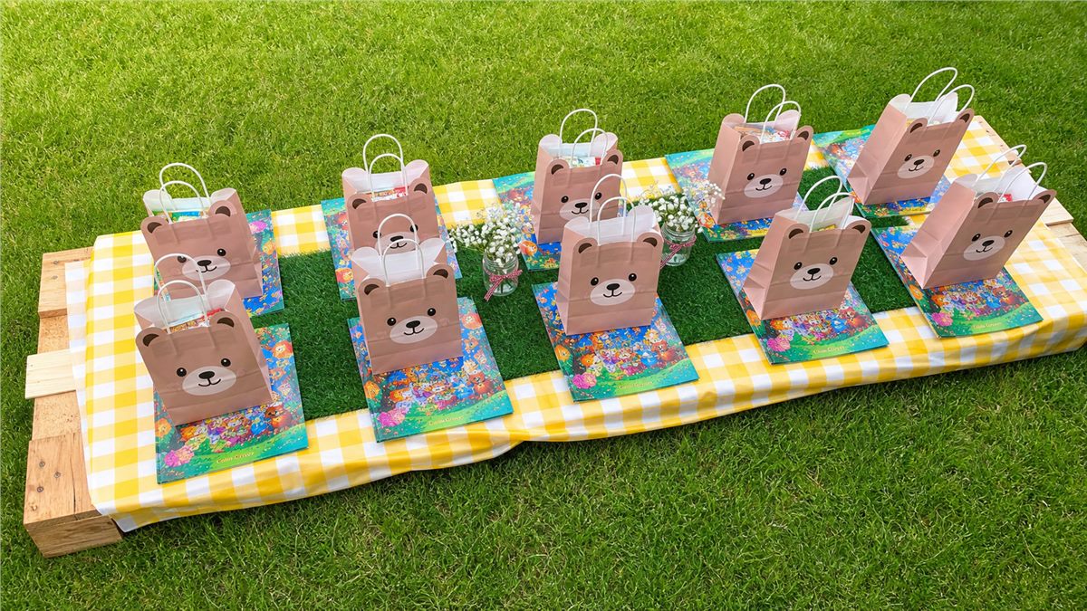 Teddy bear gift bags arranged on a picnic table outdoors.